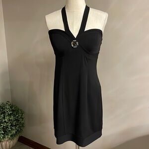 Guess jean cocktail black halter back tie dress, bustier with mirror pin sz L jr